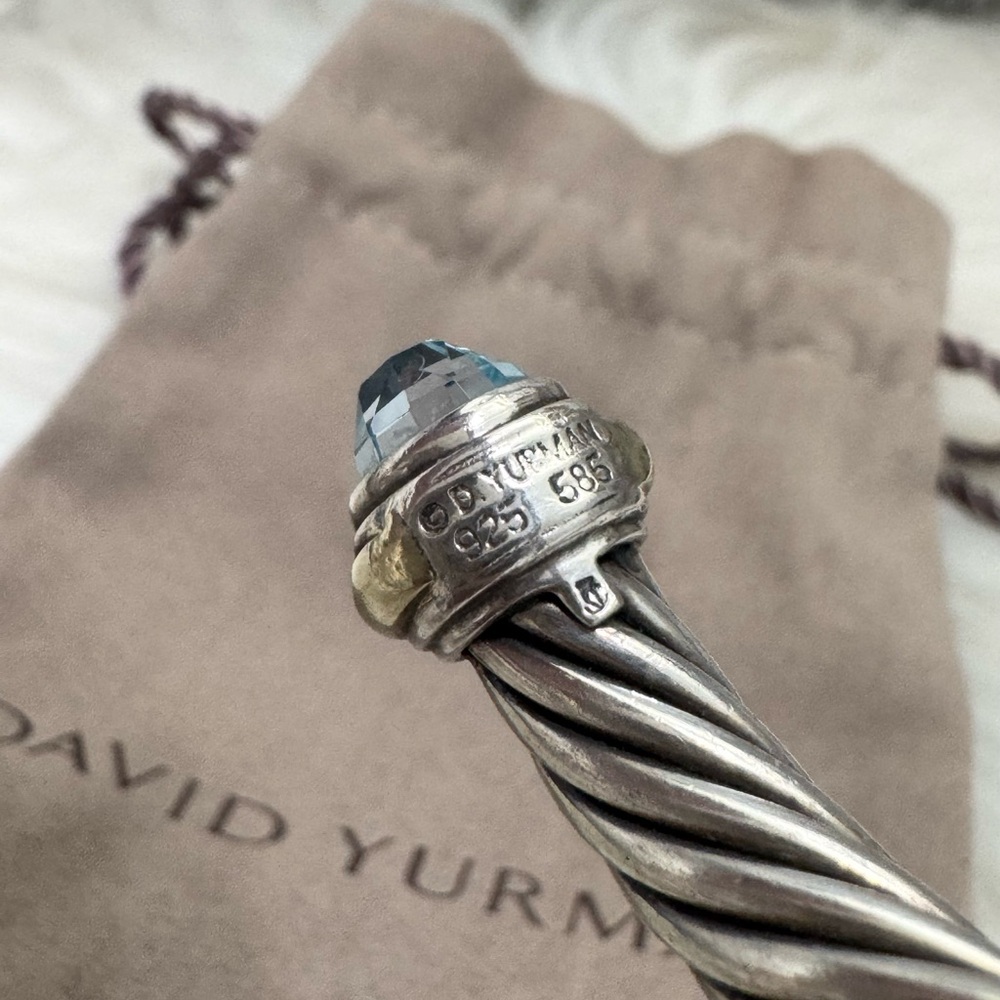 David Yurman 7mm Blue Topaz Cable Classic Cuff Bracelet .925/14K Gold - Picture 8 of 10